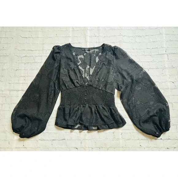 Lulus Women's M Patio Date Black Floral Burnout Lace Button-Up Long Sleeve Top - Picture 8 of 13